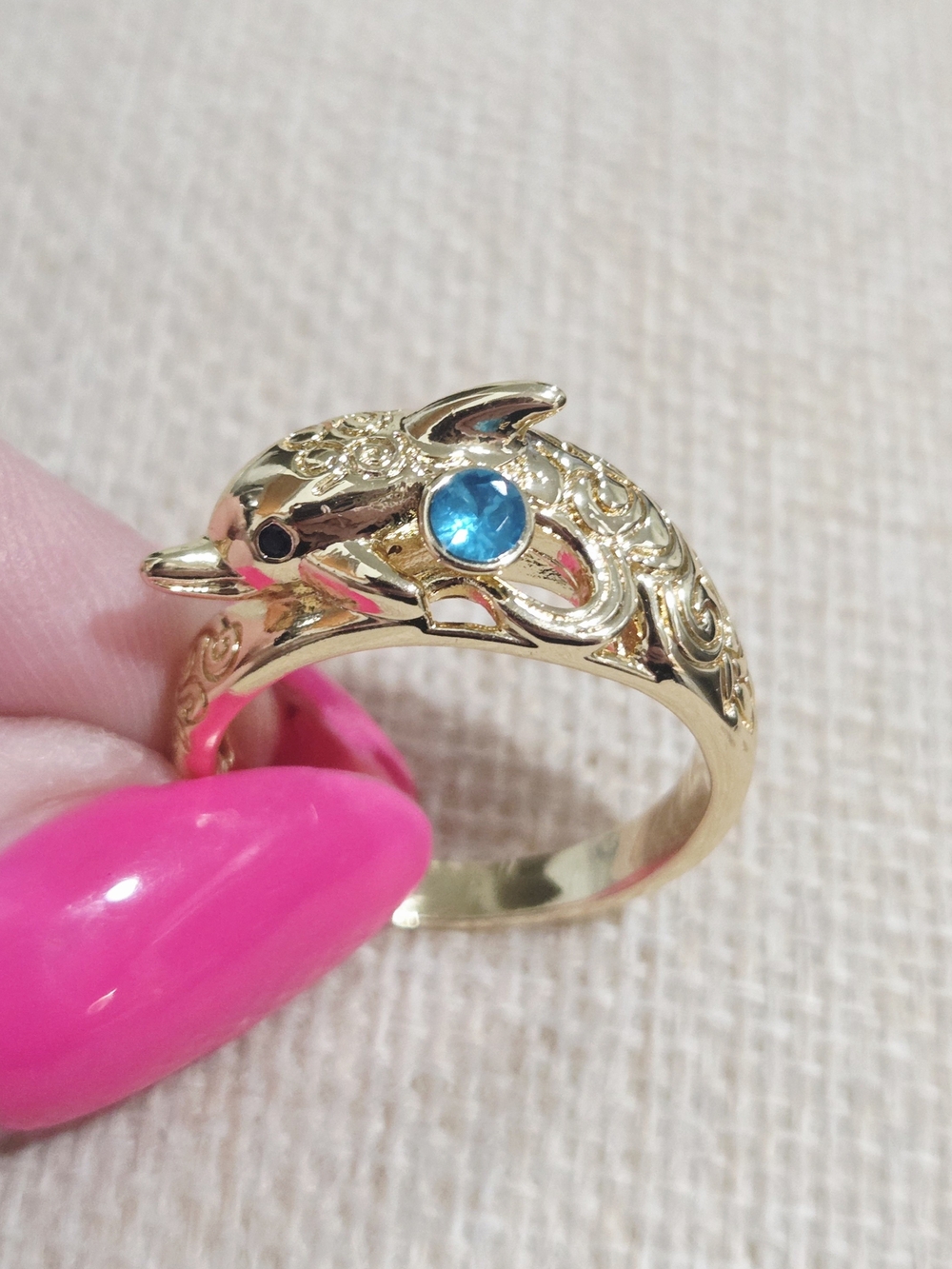 Gold Dolphin Ring with Blue Gemstone~ Size 10